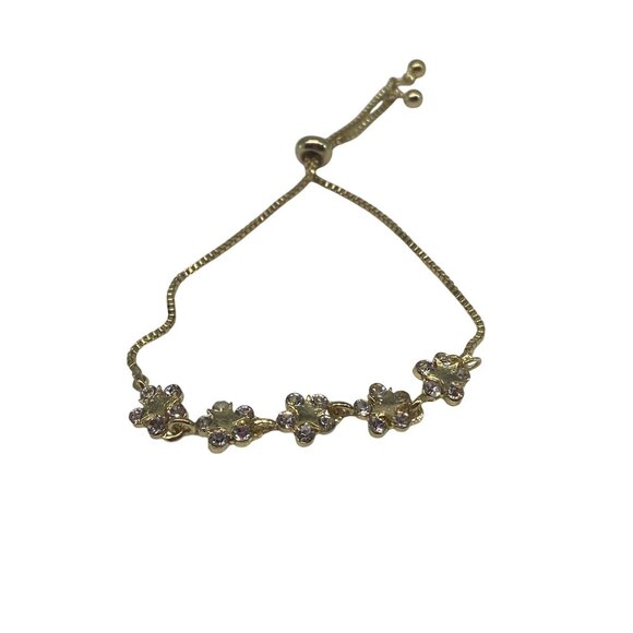 Fashion Jewelry Adjustable Link Bracelet Full Diamond Petal Design Gold & White - Picture 1 of 9